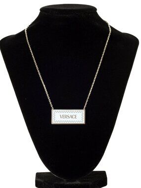 Versace Silver Color Metal Logo Print On Blue Enamel Pendant Necklace